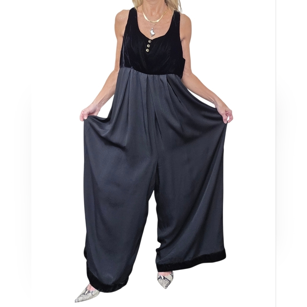Vintage Y2K Jeffrey & Dara Black Velvet Bodice Wide Leg Jumpsuit Medium M - Picture 7 of 9